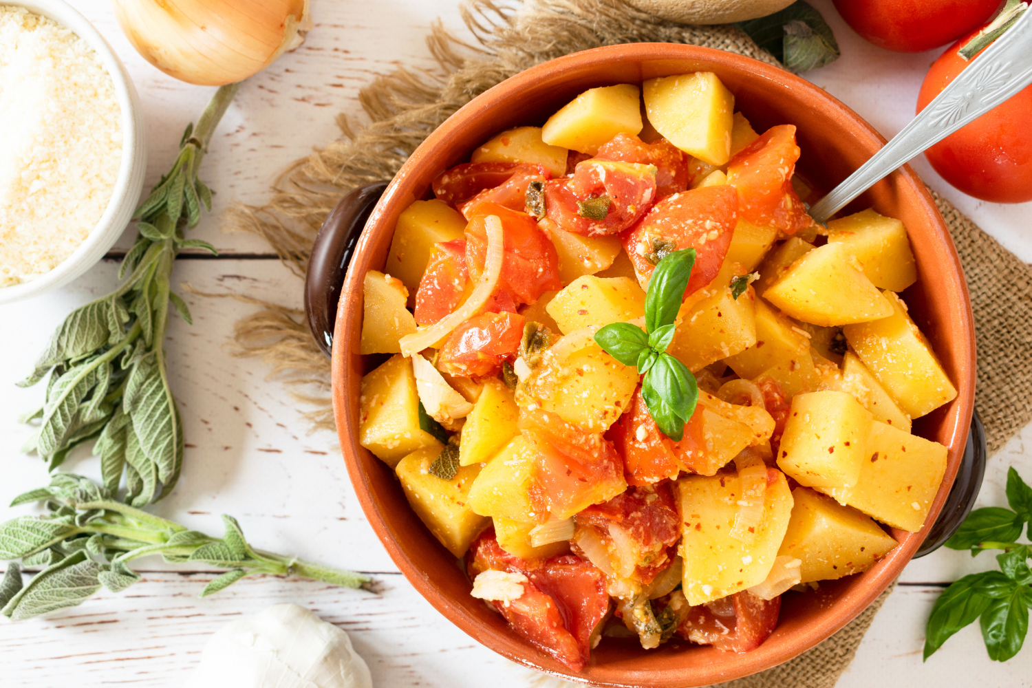 Patates Yahni (Greek Potatoes with Tomatoes and Onion)