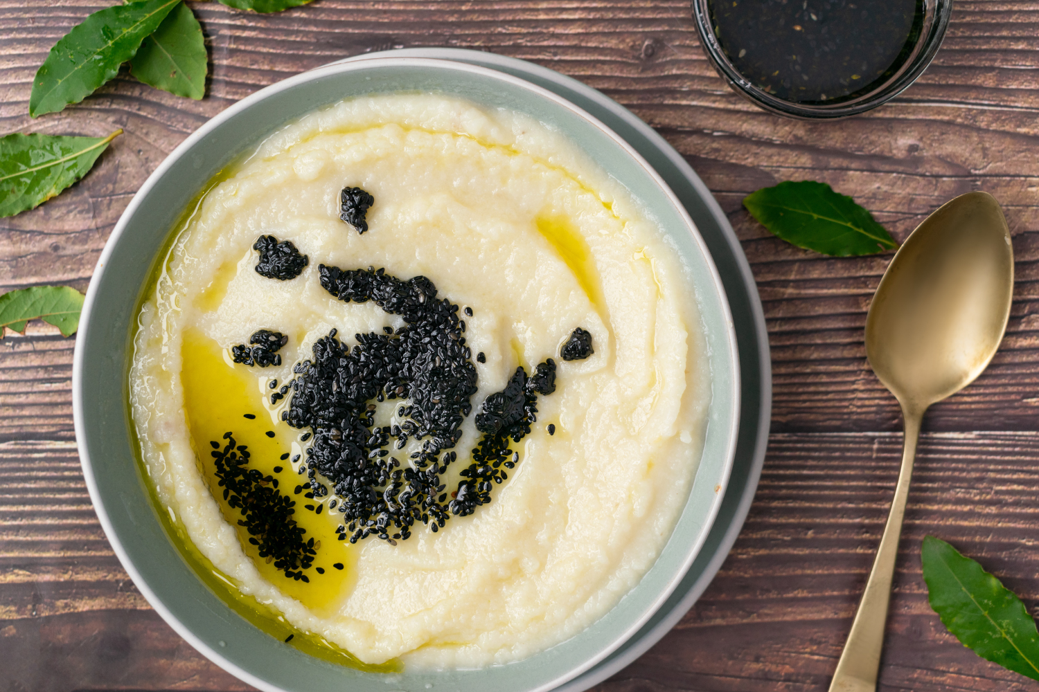 Creamy Cauliflower Soup with Potatoes and Black Sesame Oil