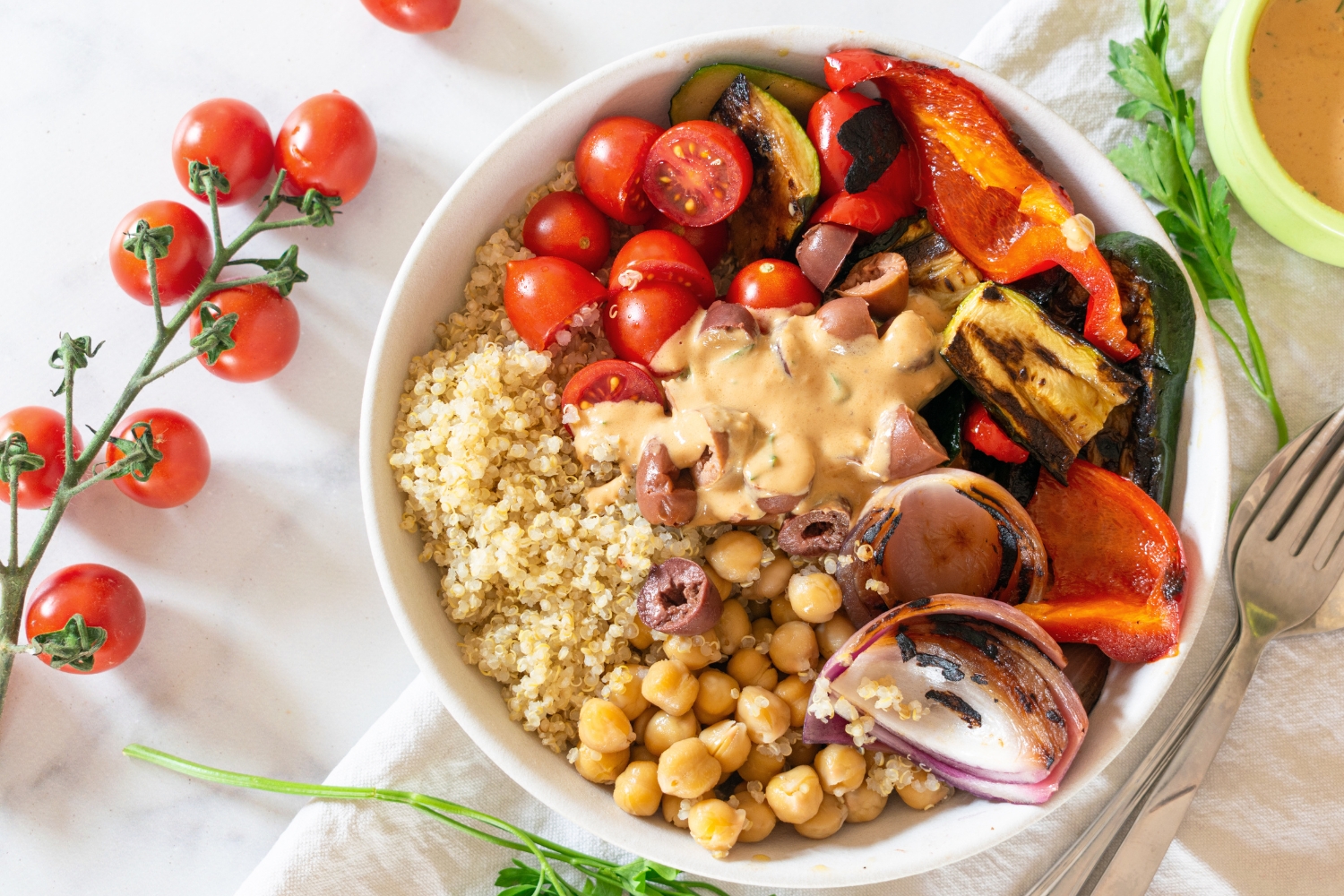 Grilled Vegetable Bowl with Creamy Lemon Tahini Dressing