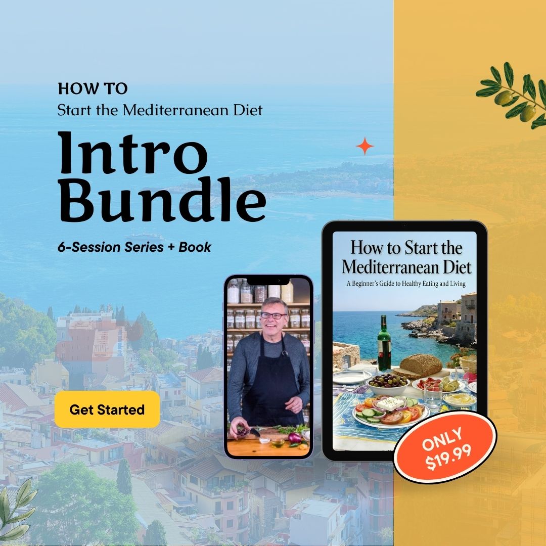 How to start the Mediterranean Diet Intro Bundle image with a phone showing a cooking session and an ipad showing an e-book