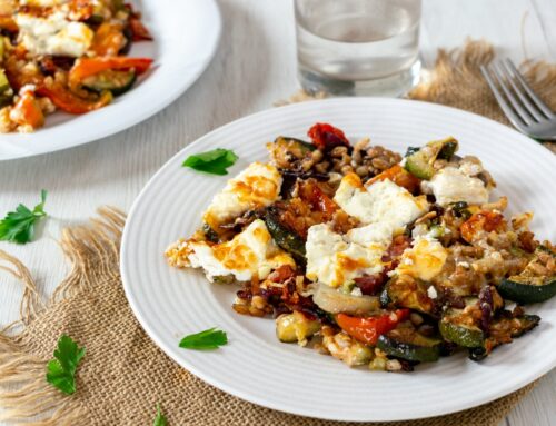 Farro Pizza Bake with Pepperoni and Vegetables