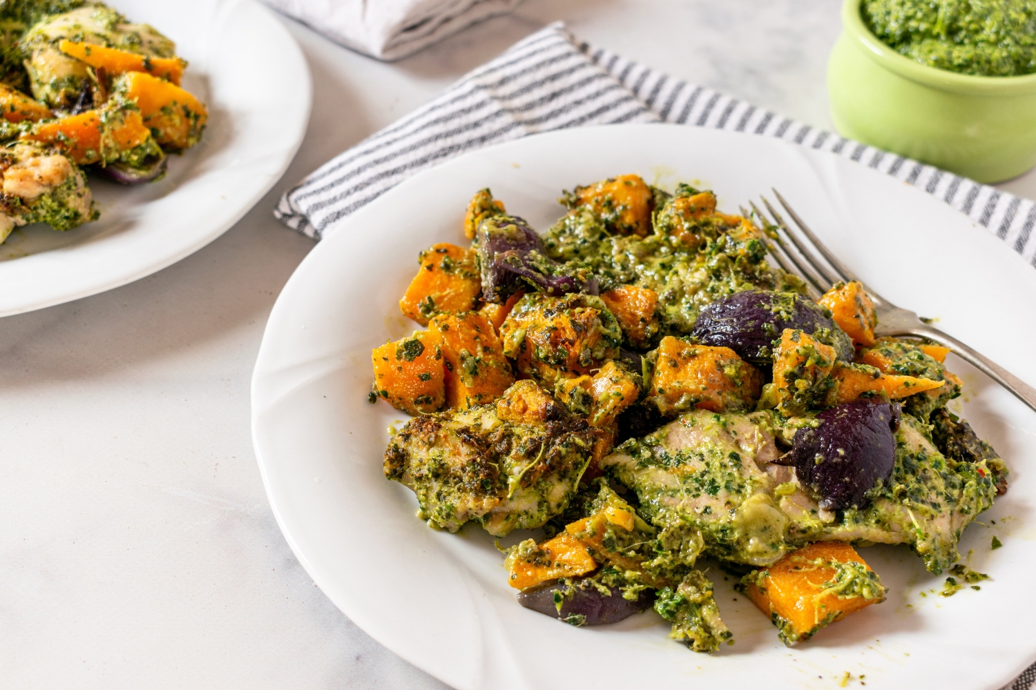 Roasted Chicken Thighs with Kale Pesto and Butternut Squash