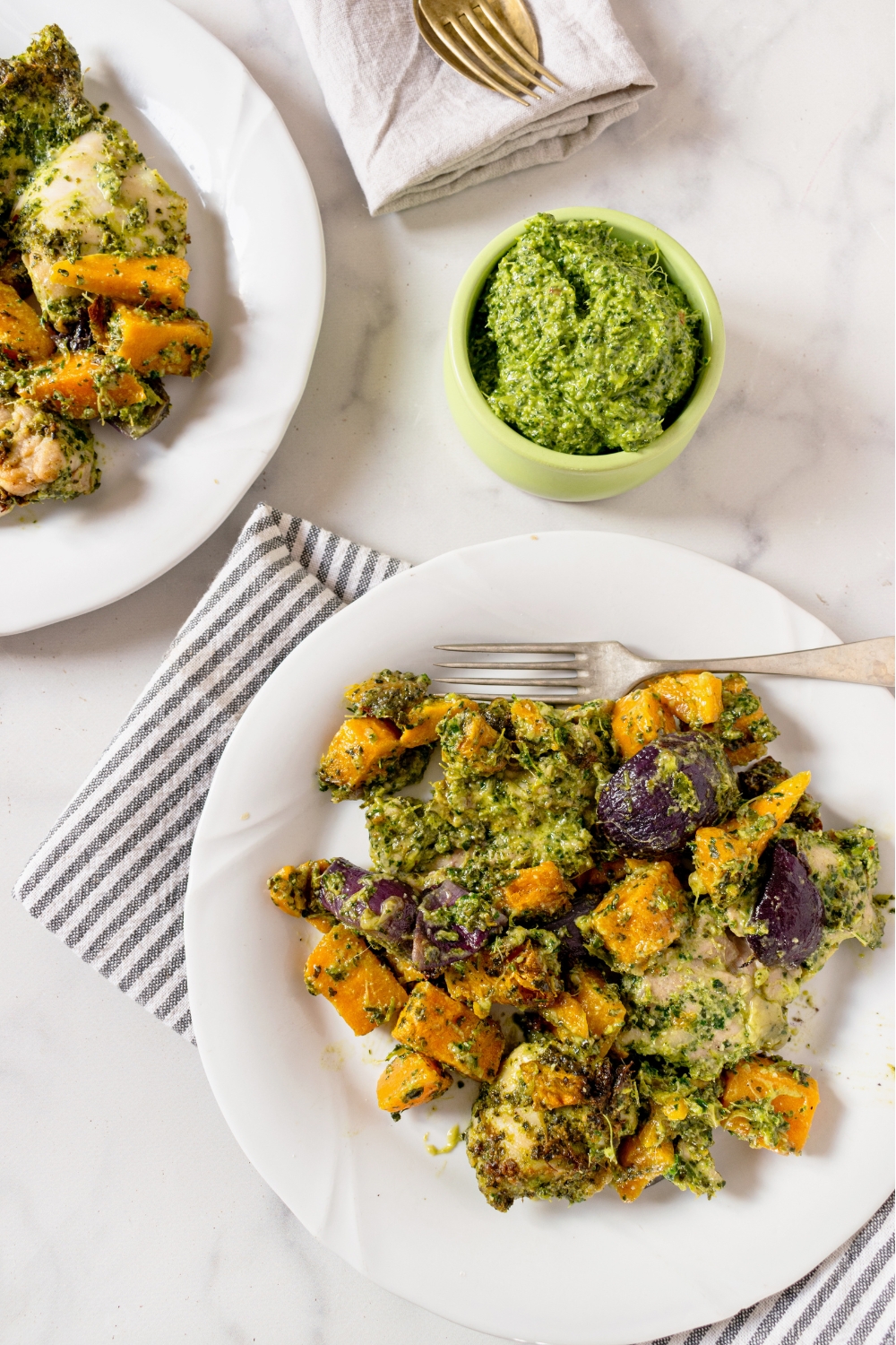 Roasted Chicken Thighs with Kale Pesto and Butternut Squash